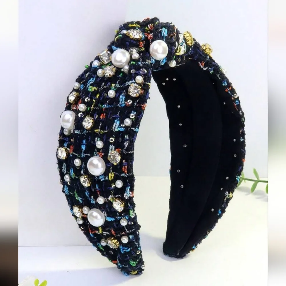 Tweed Rhinestone Black Pearl Embellished Headband